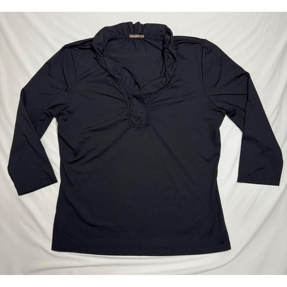 J. McLaughlin Durham 3/4 Sleeve Ruffle Top Black Womens Size Large